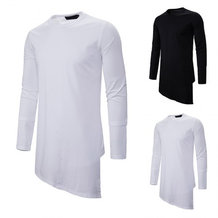 Trendy Brand Round Neck Long T-Shirt Men's Loose Dark Trend Irregular Hem Mens Long-Sleeved T-Shirt